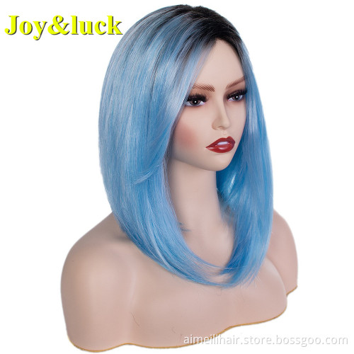 Ladies Wholesale Wig Shoulder Length Dark Root Party Cosplay Black Ombre Blue Natural Straight Short Bob Wig Synthetic Hair Wig